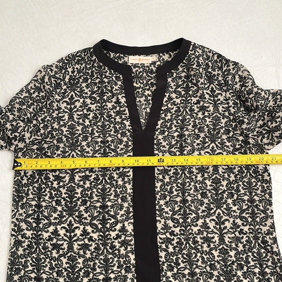 Tory Burch black solid trim printed silk semi-sheer split neck tunic 12 - Picture 8 of 13